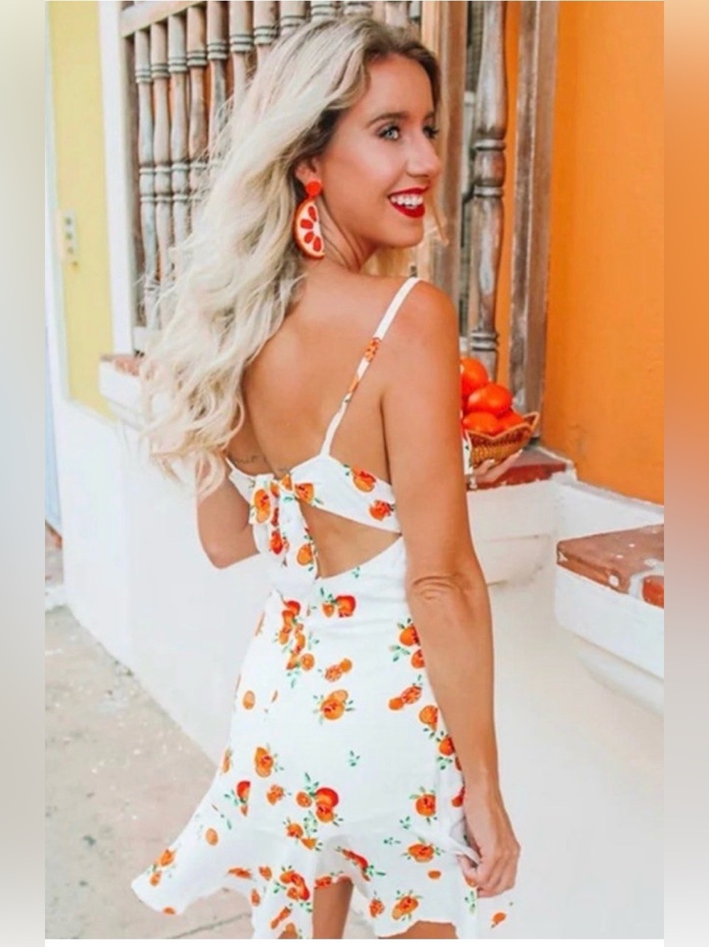 New WIth Tag Citrus Orange Print Sundress Open Tie Back Size Medium